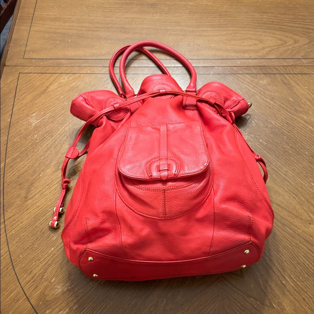 Isaac Mizrahi Live XLG Vivid Red 100% Leather Hobo Bag Tote Purse gold hardware